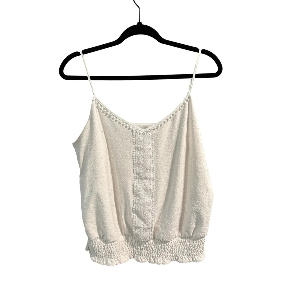 White House Black Market Ivory Camisole Lace Pom Pom Smocked Medium - Picture 1 of 4